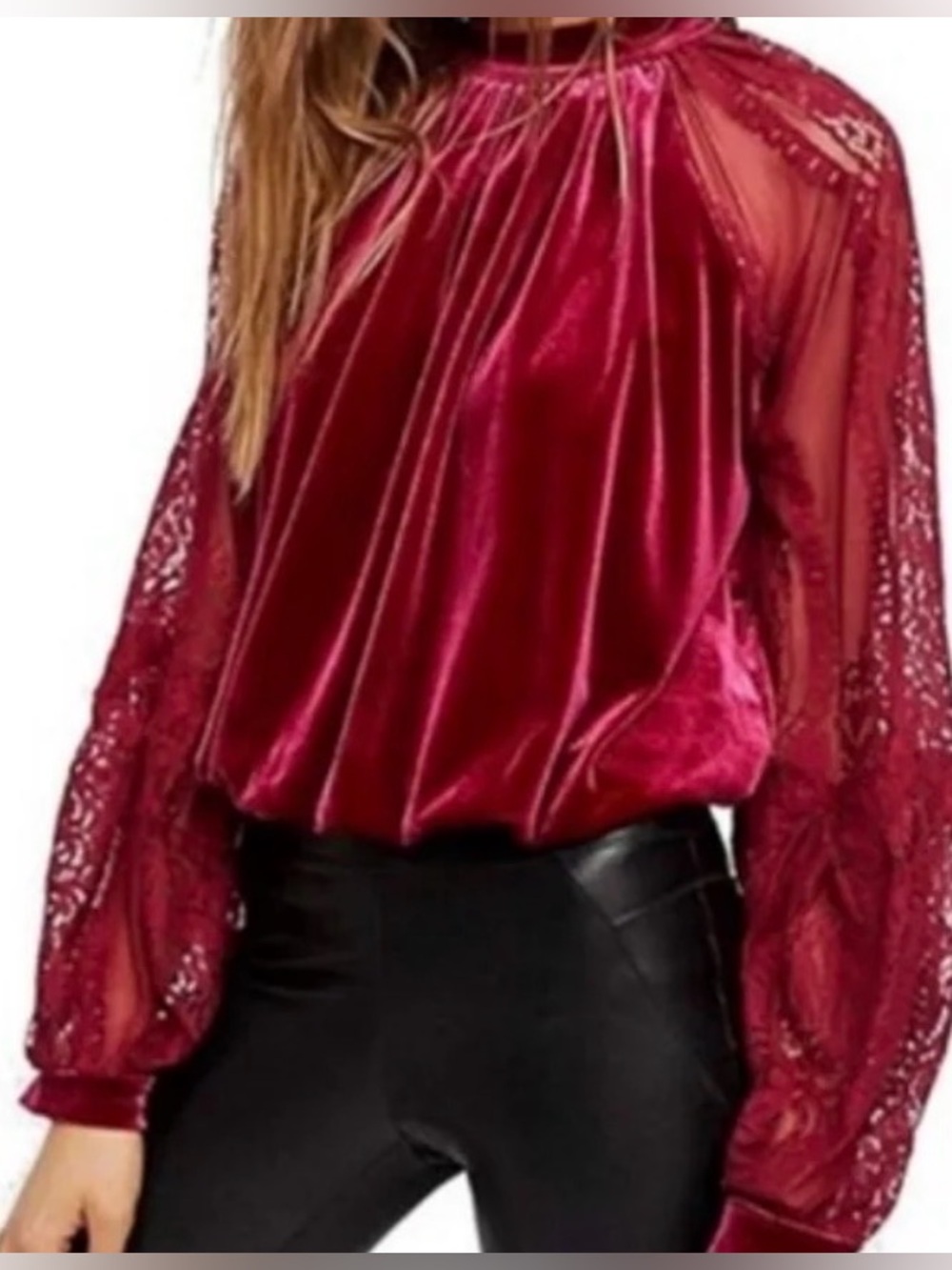 Free People "Dream Team" Velvet Lace Balloon Sleeve Blouse - Burgundy- Medium